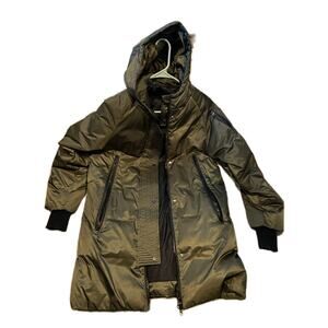 Flowsion Black Gold Green Down Parka Jacket Womans Large